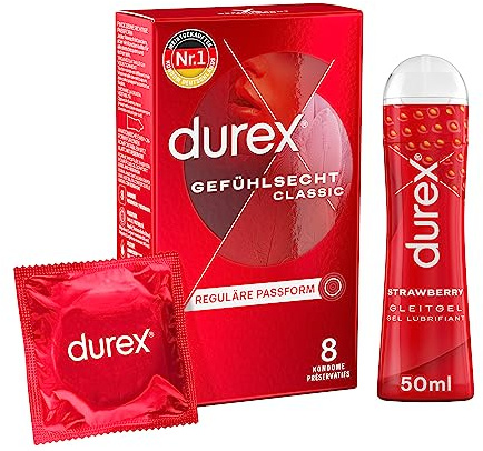 Durex Ausprobierset mit Hautnah Classic Kondome 8 Stück + Play Sweet Strawberry Gleit- & Erledbnisgel 50ml