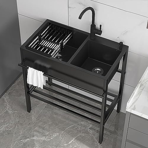 Lavandino Cucina Multifunzione In Acciaio Inox,Lavello Da Esterno Indipendente,Mobile Lavatoio,lavandini Da Giardino Campeggio,Con Ripiano E Rubinetto,Lavelli Da Esterni,Lavabo Di Grandi,Nero ( Size :