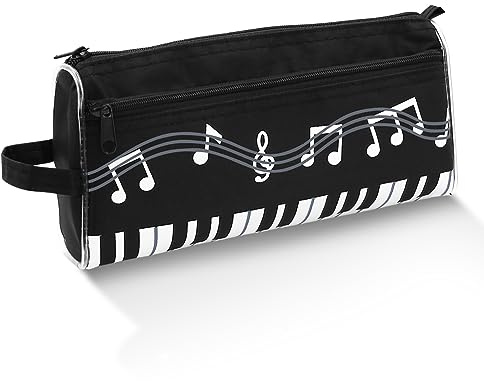 Boerni Large Music Themed Pencil Case,Double Pocket Black Keyboard Pencil Bag Musical Notes Melody Zipper Make Up Cosmetic Bag Pouch for Teen Kid Office School Student Teacher Stationery Gift
