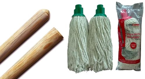 Best House 2 Pcs Pine Wood Mop Stick, Mop Handle for Mop Head - (1.2 Metres x 22mm) + 2 Pcs Cotton 18 Ply Plastic Push Socket Mop Head - 380g for Floor Cleaning/Sweeping in Home/Office