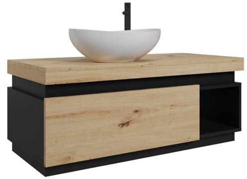 Easy4You Unterschrank KY 100 cm Matt Schwarz/Eiche Hängeschrank Badschrank Badezimmerschrank mit Schublade und Ablage