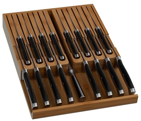 Domax Bamboo In-drawer Knife Block - Knife Drawer Organizer Insert Large Handle Steak Knife Holder, Kitchen Drawer Knife Organizer Fits for 16 knives and 1 Sharpening Steel (Not Included), Walnut