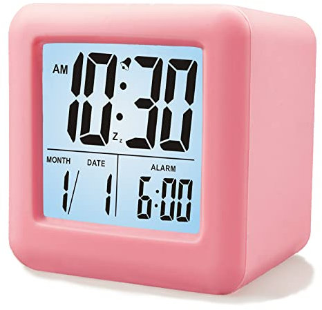 Plumeet Digitaler Reisewecker, Einfach Einzustellen, mit Schlummermodus, Weichem Nachtlicht, Großem Zeit-, Monats-, Datums- und Alarm-Display, Ansteigendem Soundalarm, Handgerät-Größe (Hellrosa)