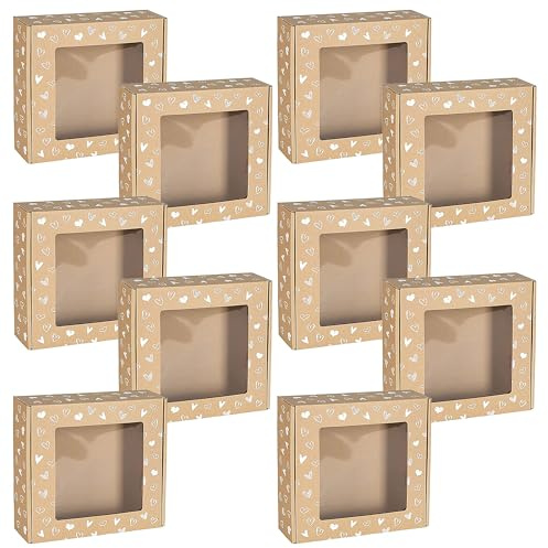 sarcia.eu Quadratische Mailer-Box mit Sichtfenster, Geschenkschachtel mit weißem Herzaufdruck 20x20x5 cm x10