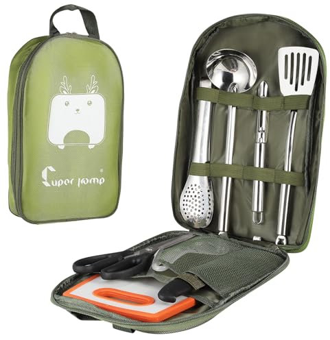 Camping Cooking Utensils Set, 8Pcs Portable Camping Kitchen Utensils Organizer Travel Set with Cutting Board,Tongs,Scissors,Spoon,Storage Bag,Outdoor Camping Cutlery Set for Travel, Picnic, BBQ,Hiking