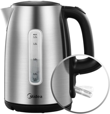 Midea Hervidor de Agua Eléctrico 1,7L, Acero Inoxidable Kettle Libre de BPA con Base 360°, 2200 W, Indicador del Nivel de Agua, indicador LED y Protección Contra