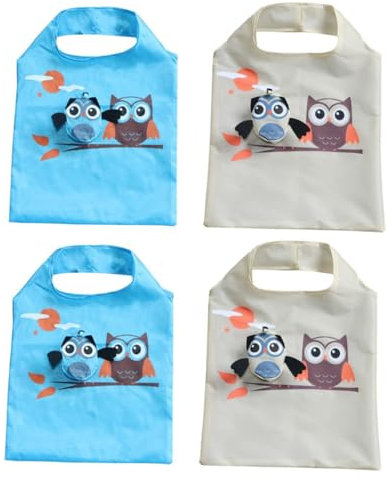 OUNONA Faltbare Einkaufstaschen Polyester Cartoon Eulen Design Tragbare Einkaufstasche Wiederverwendbar Umweltfreundlich 4 Stück