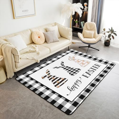Homemissing Frohe Ostern Teppich 100x150cm für Mädchen Jungs Niedlich Bunny Kaninchen Wetterfest Modern Teppich Floral Blume Wohnzimmerteppich Wohnzimmer Balkon Schwarz Weiß Plaid Outdoor Teppich
