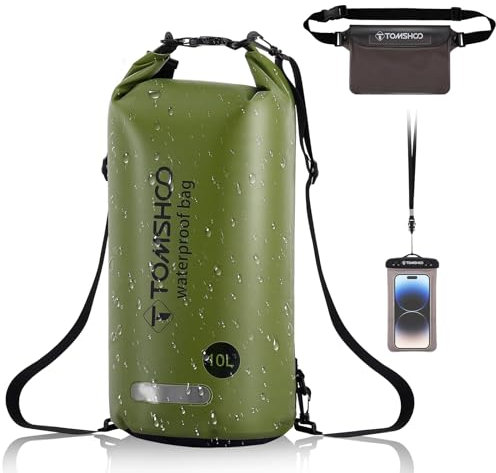 TOMSHOO Wasserdichte Tasche, 10 l / 20 l, 3-in-1, wasserdichte Tasche mit Telefontasche und Bananentasche, wasserdichte Tasche für Camping, Bootfahren, Kajak, Rafting, Angeln, Schwimmen, Grünes Set