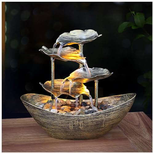 Resin Lotus Leaf Tabletop Fountain - 4-Tier Waterfall Fountain for Home Decoration (Gold)