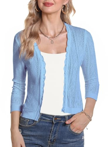 Gyabnw Elegant damkofta med knappar ytterkläder dam sommar ledig stickad 3/4 ärm bolero shrug ihålig stickad kofta, A-blå, M