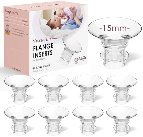 Nursi Luna Inserti flangiati 8 pezzi 15 mm per flangia da 24 mm / scudo della maggior parte delle pompe, kit di misura flangia in silicone, kit essenziale per l'allattamento al seno per le neomamme