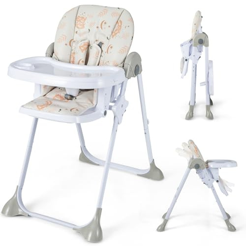 LIFEZEAL Baby Hochstuhl mit Rädern, Kinderhochstuhl zusammenklappbar mit 6-fach verstellbaren Höhe, Babyhochstuhl mit verstellbarem Tablett, Sicherheitsgurt und Fußstütze, 6-36 Monate (Beige)
