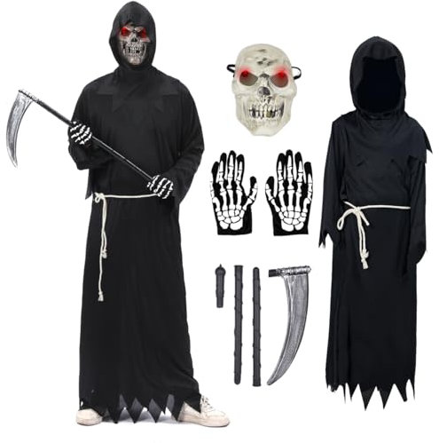ZUCOS Sensenmann Kostüm, Halloween Kostüm Sensenmann mit Sense Schädelmaske Kostüme Set für Erwachsene Halloween Dekoration Cosplay Sensenmann Schwarz Umhang mit Kapuze