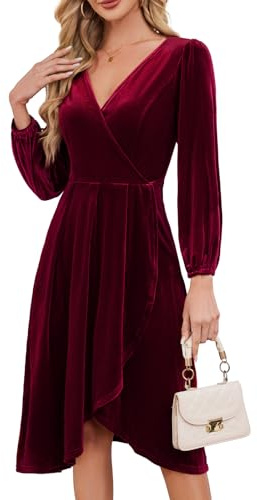 Meetjen Abito formale a maniche lunghe in velluto con scollo a V da donna fluente autunno alto basso elegante 2025 midi abito da cocktail invernale, Borgogna, L