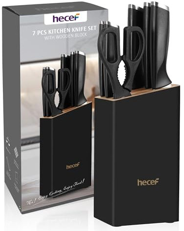 hecef Set de Couteau Cuisine avec Bloc, Set de couteaux en acier inoxydable avec ciseaux de cuisine, 7 pièces avec manche incurvé pour les chefs et les passionnés de cuisine, noir