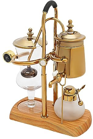 TONFEION Siphon Kaffeemaschine, 400ml Vintage Belgien Luxus Königliche Familie Balance Syphon Kaffee machen, filterkaffeemaschine mit Naturholzsockel und Deckelknauf, goldfarben, 1 Set