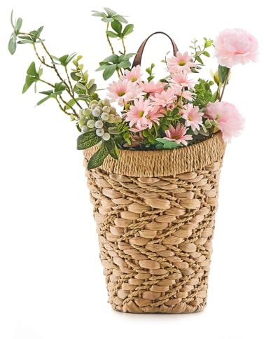 Handwoven Front Door Basket Water Hyacinth Wall Hanging Basket Decorative Boho Mounted Organizer for Dried Flower Plants Storage Basket for Garden, Home, and Farmhouse Décor