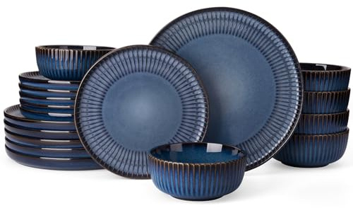Richmount Starlight Geschirrset, 18-teiliges Teller Set, Geschirrset 6 Personen, Geripptes Strukturiertes Geschirr, Mikrowellen & Spülmaschinenfest, Anti-Kratzer, Reaktive Glasur, Nebelblau