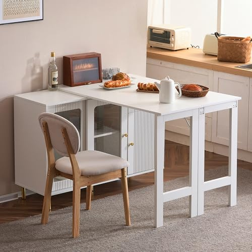 KecDuey Buffet, buffet créatif moderne blanc avec table extensible pliable, pieds en métal doré, portes coulissantes en verre, étagères réglables et design multifonctionnel, armoire de salle à manger