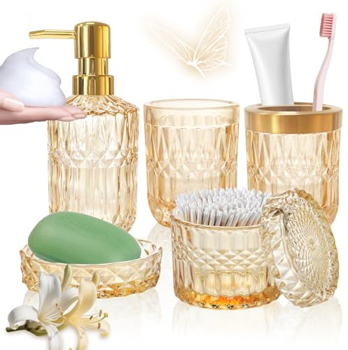 5-teiliges Badezimmer-Set, Glas Badezimmerzubehör | Moderne Seifenspender Set, Seifenschale, Zahnbürstenhalter, Wattestäbchen Kanister, Becher (Goldene)
