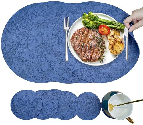 NORDICANA Round Placemats and Coasters Set of 6, Leather Floral Placemats (33cm), Heat Resistant Waterproof Non Slip Washbale, Dual Sided Place Mat, for Kitchen Dining Table Home Restaurant, Blue