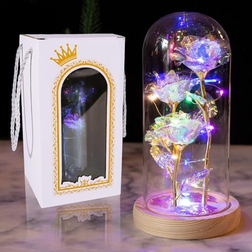 GW Box Flowers Gifts for Women 24K Galaxy Rose Glass Flowers | Artificial Flower Rose Birthday Gifts for Women Light Up Preserved in Glass Gifts for Mom Wife Grandma Girlfriend Lady