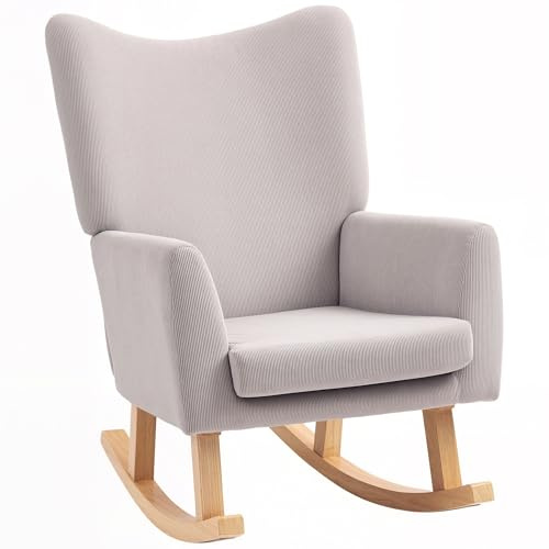HOMCOM Mecedora con Respaldo Alto, Aspecto de Pana, sillón balancín, sillón reclinable con reposabrazos Anchos, Patines de Madera, Silla de Lactancia para salón, Dormitorio, balcón, Gris Claro