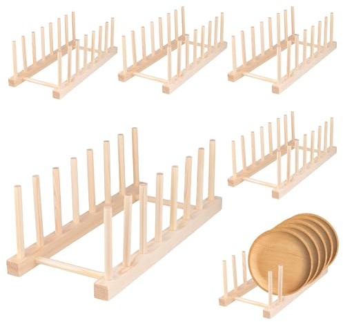 MOUYAT 6PCS Wooden Plate Rack, 7 Slots Wooden Dish Rack, Plate Rack for Cupboard, Bamboo Dish Rack for Kitchen Cupboard, 31x13x10 cm