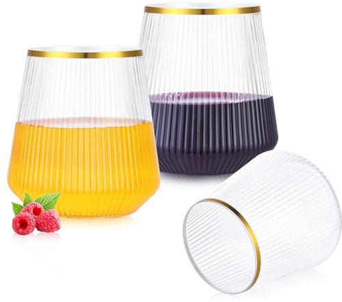 ALEXPRE 4PCS Plastic Wine Glasses with Gold Rim,14oz Stemless Glasses,Plastic Ribbed Wine Glass,Reusable Cocktail Glasses for Coktail, Picnic Outdoor Indoor Use