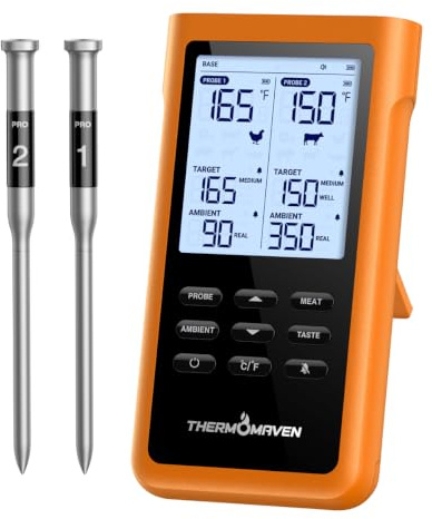 ThermoMaven 3000FT Smart Wireless Fleischthermometer, Sub-1G Langstrecke, 6 Sensoren (NIST genau), 2 dünne Sonden, Basisstation mit LCD, für Grill, BBQ, Ofen, Räucherofen (Orange)