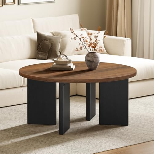HOOBRO Round Coffee Table, Industrial Tea Table, Modern Wooden Accent Center Table Sofa Side Table for Living Room, Rounded Edges, Office Walnut and Black EBH88KF01