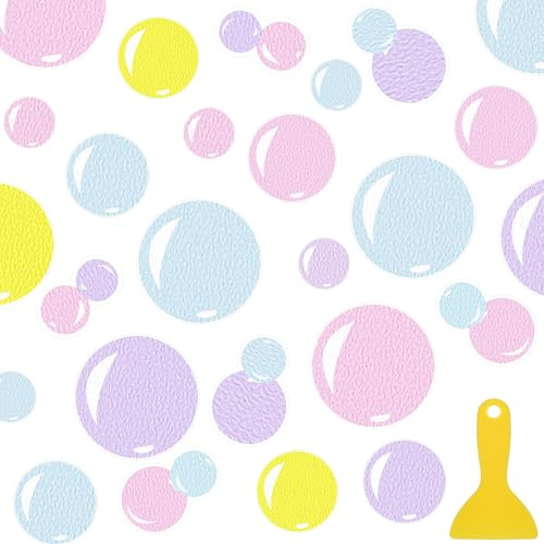 Fullhawl 32 Pcs Cute Non Slip Bathtub Stickers for Shower Colorful Bathroom Anti Slip Shower Stickers Floor Applique Adhesive Decals with Scraper for Bathtub Bathroom Floor Pools(Bubble)