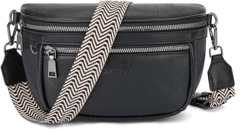 APHISON Damen Bauchtasche Umhängetasche Schwarz Veganes Leder RFID Blockierung Mehrere Fächer Ultraleicht Hochwertig Verstellbarer Breiter Schultergurt Alltag
