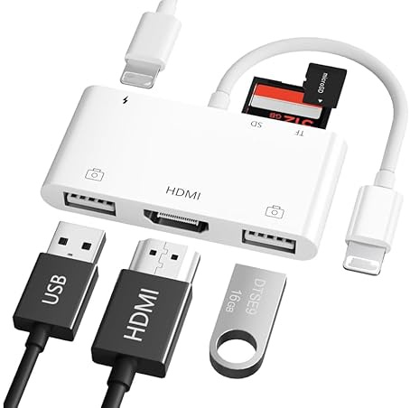 Adaptador HDMI USB para iPhone, 6 en 1, Lightning a HDMI OTG Hub con lector de tarjetas SD/TF, 2 puertos USB, compatible con ratón, teclado MIDI, proyector, compatible con iPhone14/13/12/11/SE/X/8/7/6