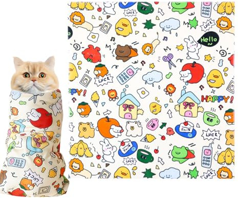 Katzenwickel, Selbstklebende Universal Cat Grooming Wrap, Multifunktionales Katzenwickeltuch Anti-Run, Katze Wickeltuch Anti-Catch für Nageltrimmen, Katzenpflegezubehör, 70 x 70 cm, Graffiti-Designs