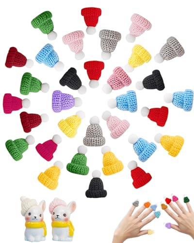 HUVZOR 30 Stück Mini Mützen Gewebte Mütze, Weihnachtsmützen Wichtel Mütze, Sorgenwürmchen Zubehör Glückswürmchen Zubehör, Hut Puppenmütze für DIY-Party & Flaschenmütze Weihnachten