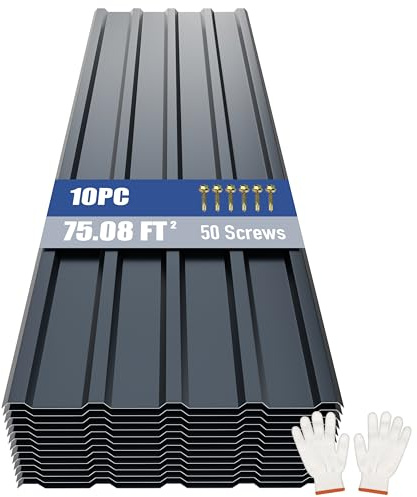 Brakki Metal Roofing Panels 10pcs 75 ft², L61.02xW17.72 Grey Corrugated Galvanized Steel Roof Panels with Screw, Heavy Duty Metal Siding Suitable for Garages Chicken Coop Sheds Stables Patio