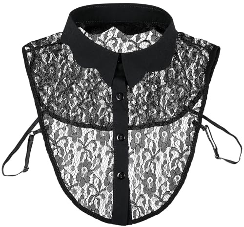 Col Amovible en Dentelle Fleurie, Chiffon Solide Noir, Mode Femme | Demi-chemise Détachable, 4 Boutons Inclus, Se Cache sous Robes, Pulls, T-shirts, Blouses