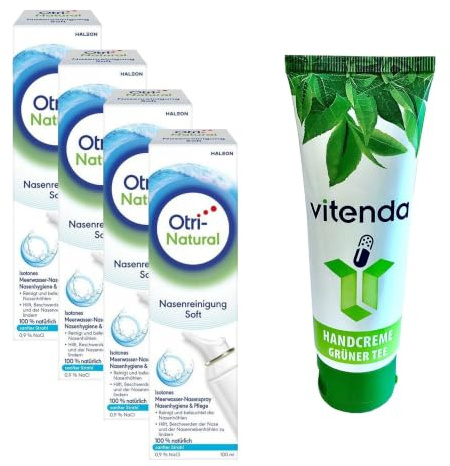 vitenda Set: Isotones Meerwasser Nasenspray mit OtriNatural zur täglichen Nasenhygiene & Befeuchtung, 4x100ml – inkl. vitenda Handcreme