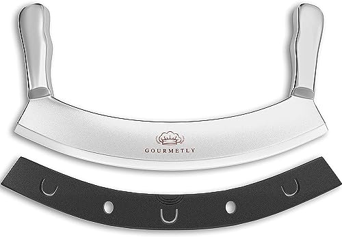 Gourmetly Stainless Steel Mezzaluna Knife with Cover – 12 In. Curved Blade with Solid Steel Handles & Mezzaluna Sheath – Pizza Cutter Rocker, Rocker Knife Veggie Cutter, Salad Chopper, & Herb Cutter