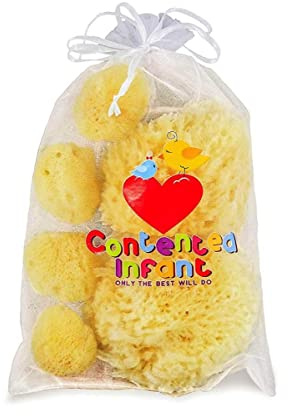 Real Sea Sponges for Babies - 6 Pieces Bath Care Set, Gentle Skin Friendly, for Bathing Body Eyes, Ears, Nose, Also for Newborns and Toddlers, Baby Shower, Spa Gift from Contented Infant