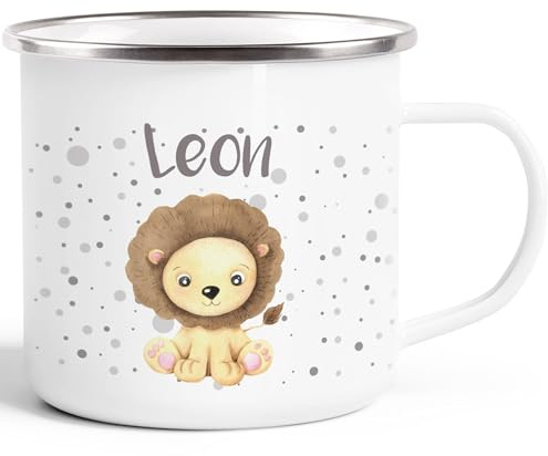 SpecialMe® Emaille-Tasse mit Namen Löwe Namensbecher Emaille-Becher personalisierte Geschenke Weiss-metall Emailletasse