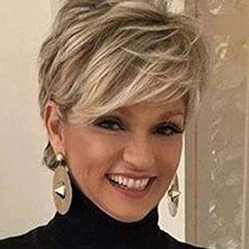 Creamily Perücke Kurze Pixie Cut Damen Perücke Kurze Haar mit Bangs Natürliche Gestufte Kunsthaar für Damen Blonde Mischung Braun