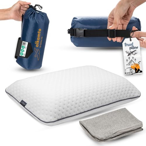 alkamto Orthopädisches Kissen aus Memory-Schaum für Reisen und Camping, mit zusätzlichem Baumwollbezug, tragbare Tasche, leicht zu tragen, temperaturregulierender Kissenbezug