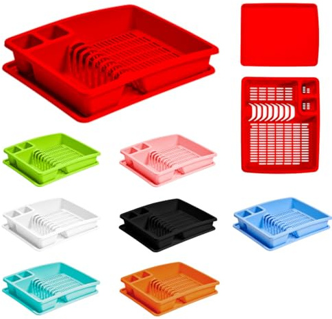 ECO Large Plastic Dish Drainer Rack with Drip Tray | Heavy Duty Sturdy Dish Rack for Kitchen Countertop | Red Dish Drainer for Efficient Kitchen Organization & Cutlery Placement (Red)
