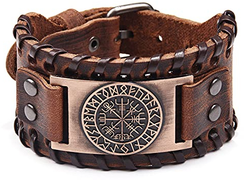 Pulsera vikinga marrón - Pulsera ajustable con amuleto nórdico de la brújula Vegvisir, joyería celta pagana con talismán, 18 to 22.5cm, Cuero