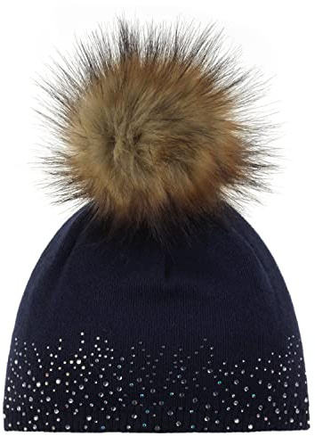 Eisbär Nalin Lux Crystal Beanie Strickmütze Bommelmütze Damenmütze Damen - Made in the EU mit Futter Herbst-Winter Winter