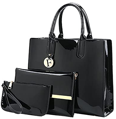 NIYUTA Borse a mano donna moda Pelle verniciata Borse a tracolla Alta capacità Set 3 pezzi Borse a spalla nero