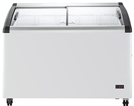 Duura Commercial Mobile Ice Cream Display Chest Freezer Sub Zero Temp Curved Glass Top Frost Free Lid with 5 Wire Baskets, 47.4 Inch Wide 12.8 Cubic Feet, White